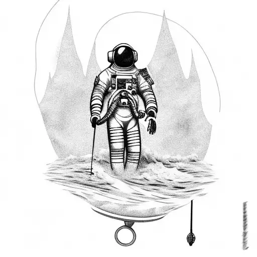 Tattoo Design With Astronaut Swiming On The Pontoon Holding Fishing Rod And Car Key Deep In Water