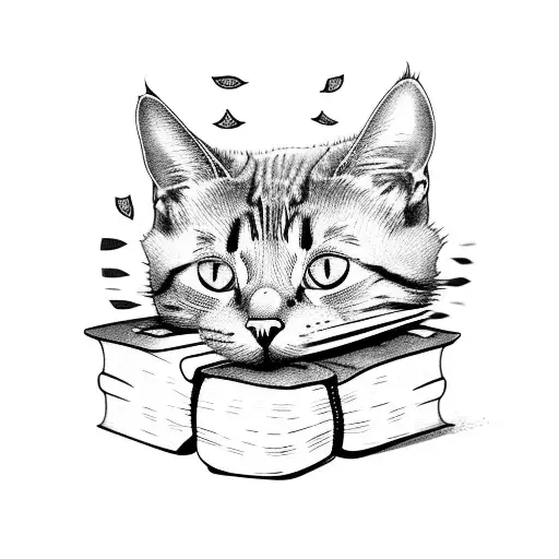A Cat Curled Up On A Pile Of Books With Floral Patterns