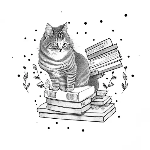 A Cat Curled Up On A Pile Of Books With Floral Patterns