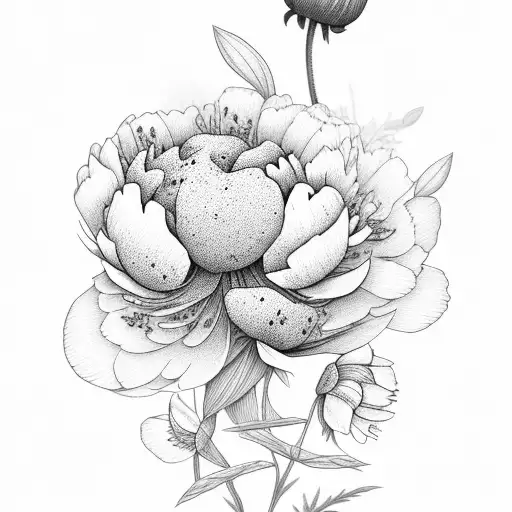 Peonies & Poppies With Small Cute Dinosaur In Petal