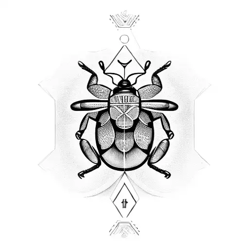 Dotwork Depiction Of An Ancient Egyptian Scarab Beetle Surrounded By Various Travel Symbols
