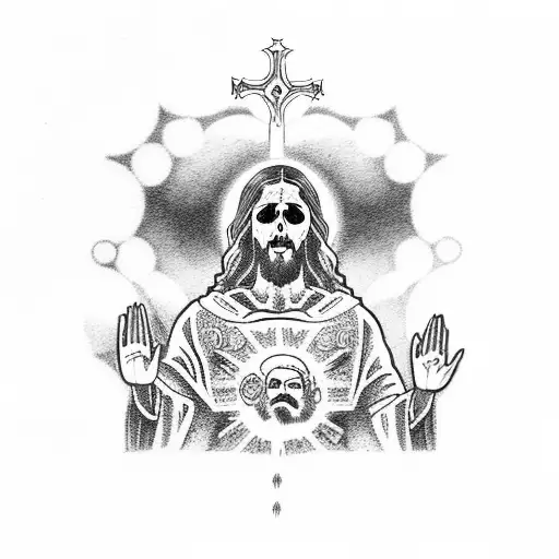 Jesus In The Back And Santa Muerte In The Front Reaching Out His Hand