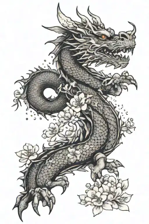 Dragon On Foot With Sakura Flowers