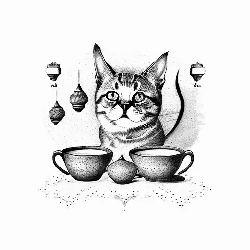 A Beautiful Tattoo Of A Cat Sitting On A Pile Of Turkish Coffee Cups