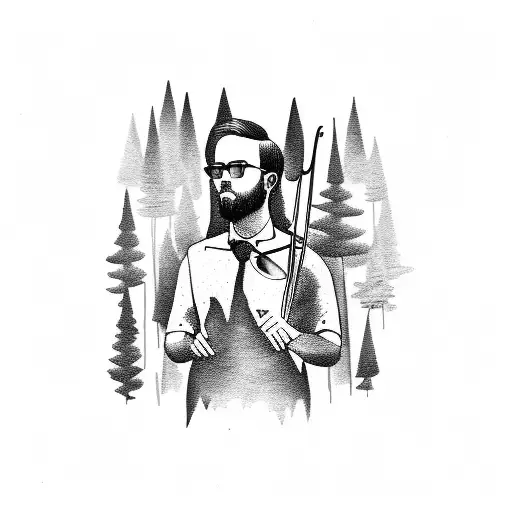 A Silhouette Of A Trombone Player Surrounded By A Forest