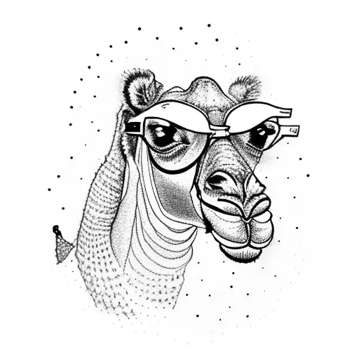 A Dotwork Tattoo Of A Camel Taking Selfie Sunglasses On The Beach