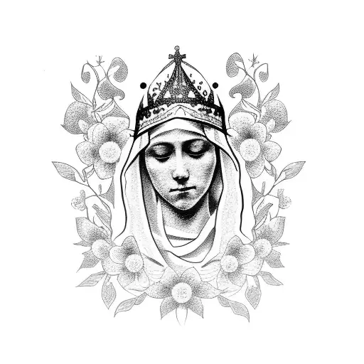 A Dotwork Tattoo Of The Virgin Mary With A Crown Of Flowers