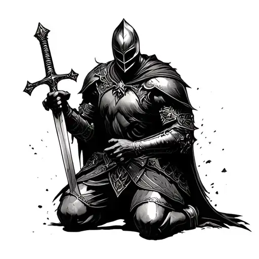 Dark Fantasy Knight Holding A Sword And Kneeling On The Ground