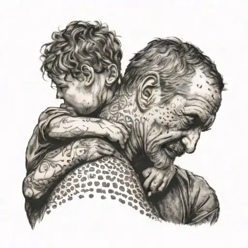 An Intricate Dotwork Tattoo Depicting A Father And Son Embracing