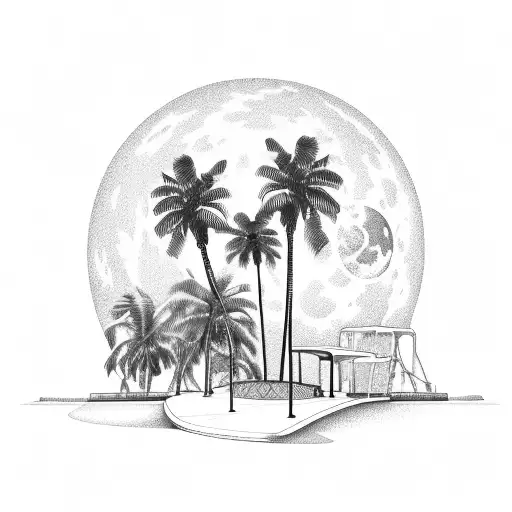 A Detailed Illustration Of A Skatepark With Palm Trees And A Full Moon In The Background