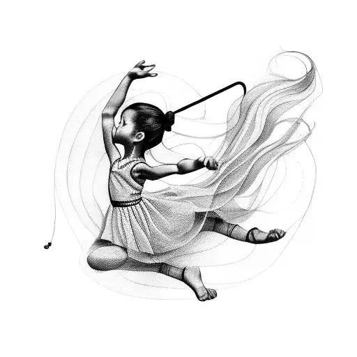 Black Silhouette Of Little Girl With Red Ribbon Spinning Rhythmic Gymnastics