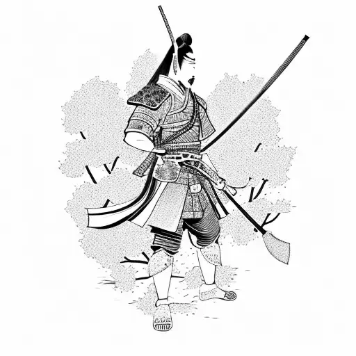 Japanese Samurai Warrior Surrounded By Cherry Blossom Trees