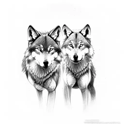 Two Wolf Puppies And The Adult Wolf