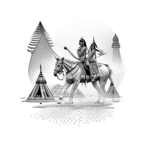 Indian Woman Riding A Horse In Front Of An Indian Hut