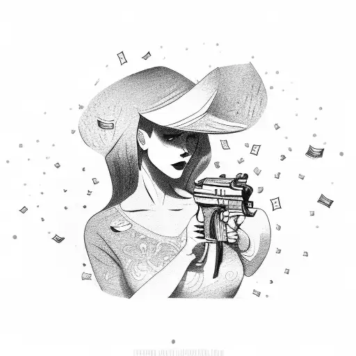 A Woman Holding A Gun With Money Raining Down Around Her