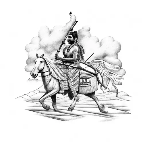Indian Smoking A Pipe On Horseback With A Village In The Background And A Totem At The Entrance