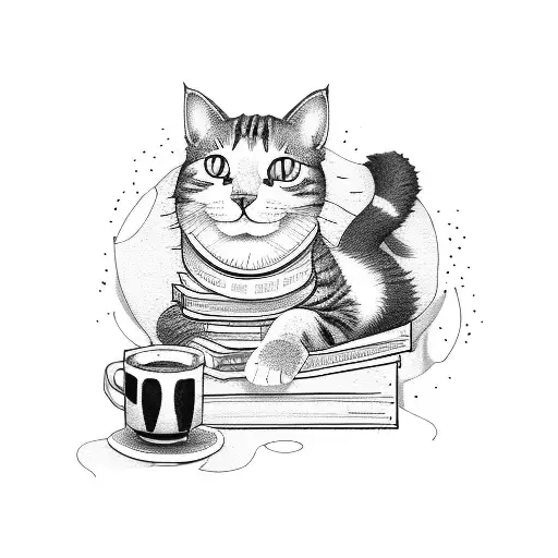 A Cat Lounging On A Pile Of Books With A Cup Of Coffee Beside It