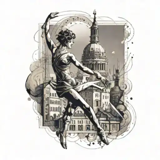 A Dancer Gracefully Moving Through A Cityscape With Landmarks From Italy In The Background