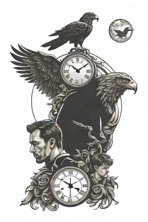 Circular Clock And Silhouette Father And Children And An Eagle
