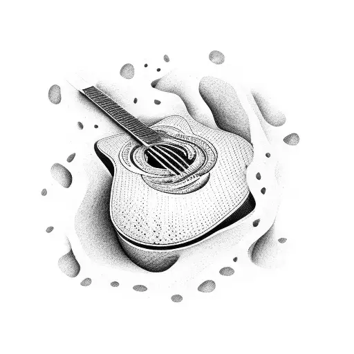 Combined Acoustic Guitar And Coconut Palm Sticking Out Of Beach