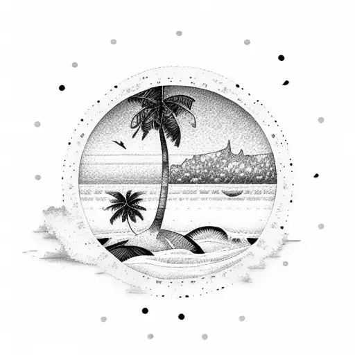 A Dotwork Tattoo Depicting A Serene Beach Sunset With Palm Trees And Crashing Waves