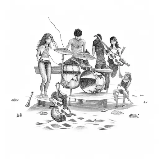 A Group Of Friends Having A Beach Bonfire With Musical Instruments And Drinks