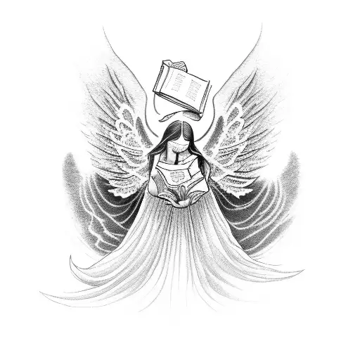 A Dotwork Tattoo Of An Angel Surrounded By Swirling Dark Waves And Holding A Book Of Poetry