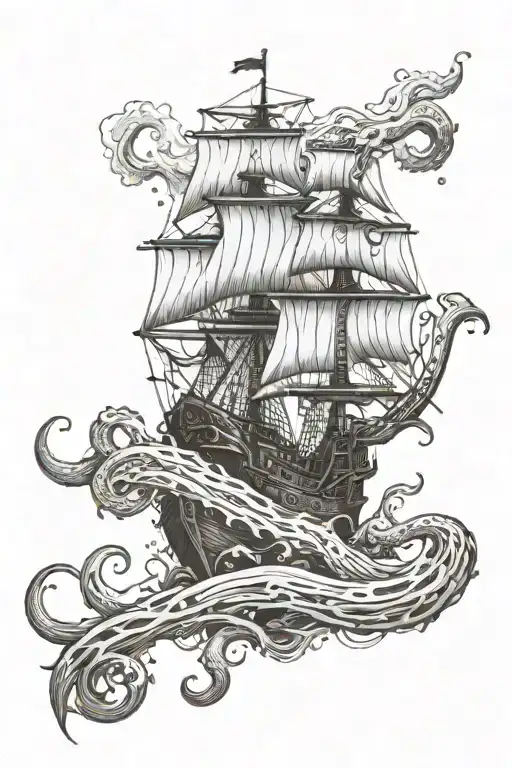 Pirate Ship And Kraken Tentacles Emerging