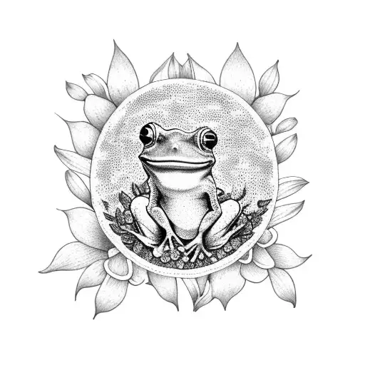 A Dotwork Tattoo Of A Frog Sitting On A Bed Of Flowers