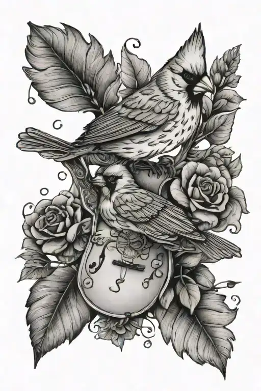 Folk Music Themed Tattoo Design Combining Music And Northern Cardinals