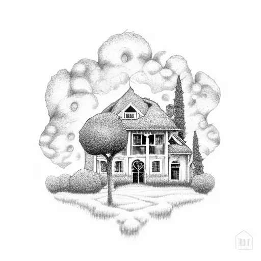 A Dotwork Tattoo Of A Farmhouse Surrounded By A Lush Forest