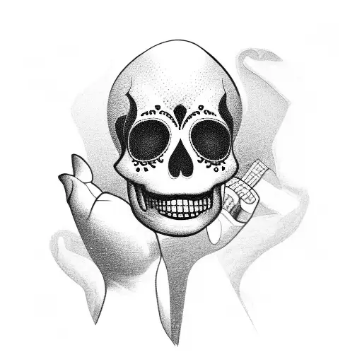 A Trader's Hand Holding A Guitar With Sugar Skull Designs On The Fingers