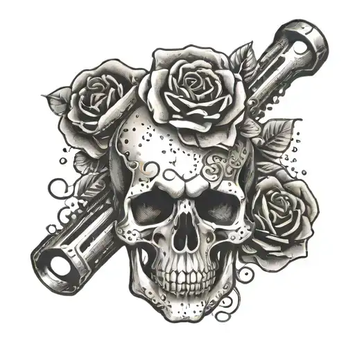 Mechanic Tools Forming The Shape Of A Skull With Roses As A Background