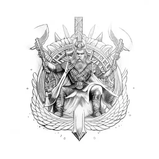 Odin With Gungnir In Hand Siting On Throne Of Asgard