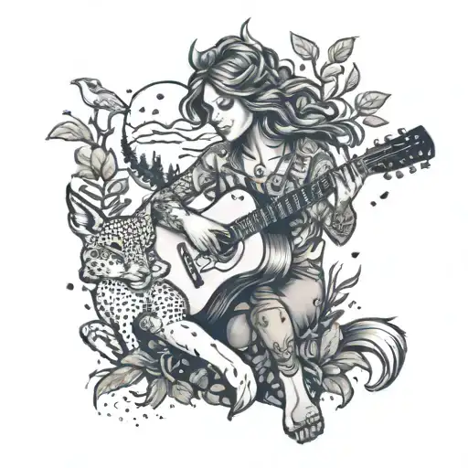 An Intricate Design Of A Woman Playing A Guitar Surrounded By Forest Animals