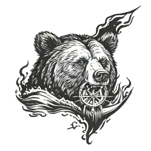 Bear Roaring Agressivly In The Sea With A Compass And Anchor By The Side Of The Bear