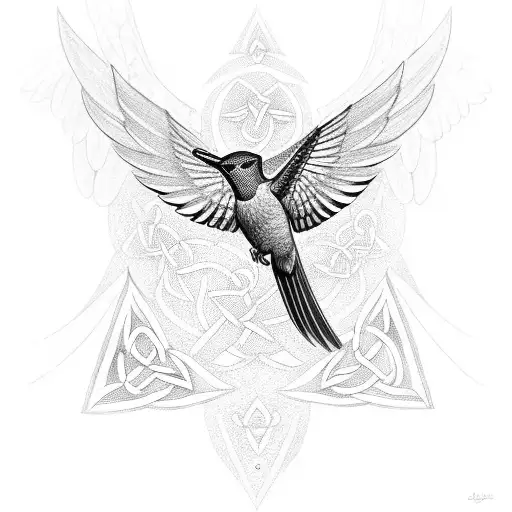 A Celtic Hummingbird With Cuneiform Symbols Incorporated Into Its Wings
