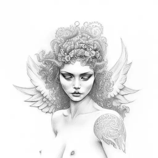 A Photograph-inspired Tattoo Of A Femme Nue With Curly Hair And Angel Wings