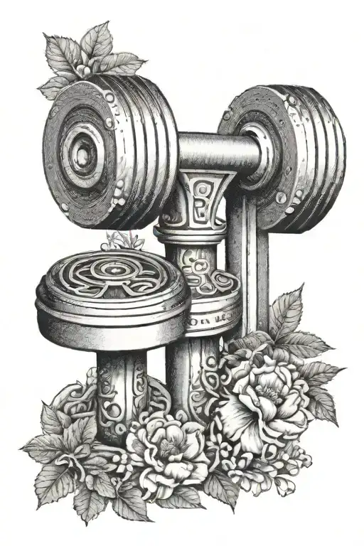 A Dotwork Tattoo Of A Gym Dumbbell Surrounded By Intricate Floral Patterns