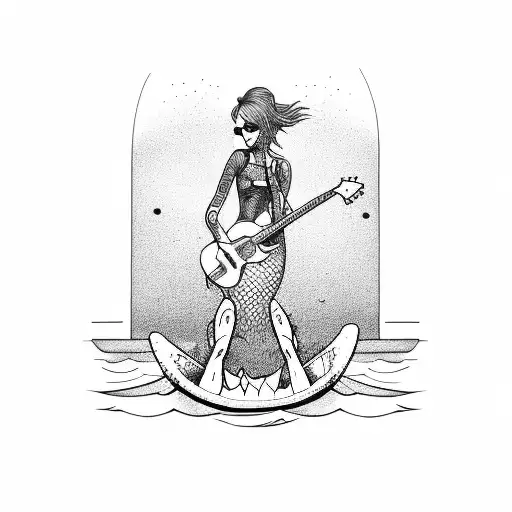 A Punk Rock Mermaid Playing A Guitar On A Surfboard