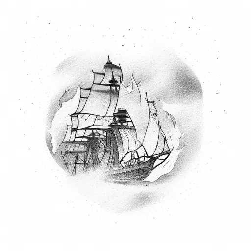 Ship On Fire With Black Flags