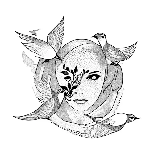 A Dotwork Tattoo Of A Nurse Surrounded By Birds Representing Healing And Freedom