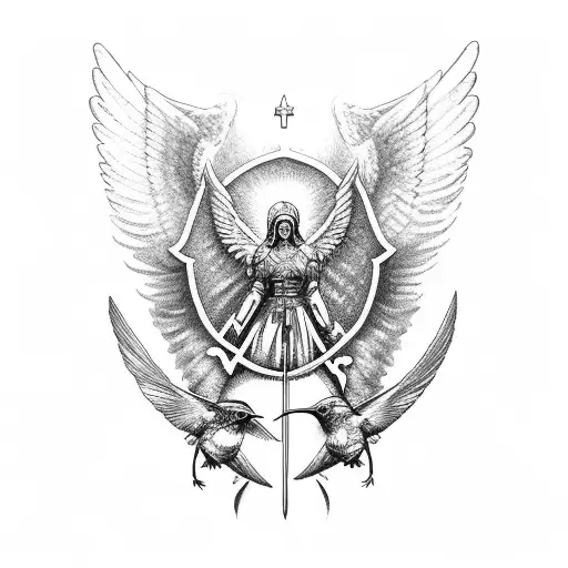 Archangel Michael With Sword And Shield And A Hummingbird Above