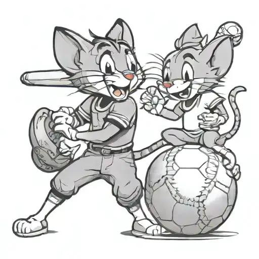 A Playful Tom And Jerry Design Incorporating Elements Of Baseball And Football