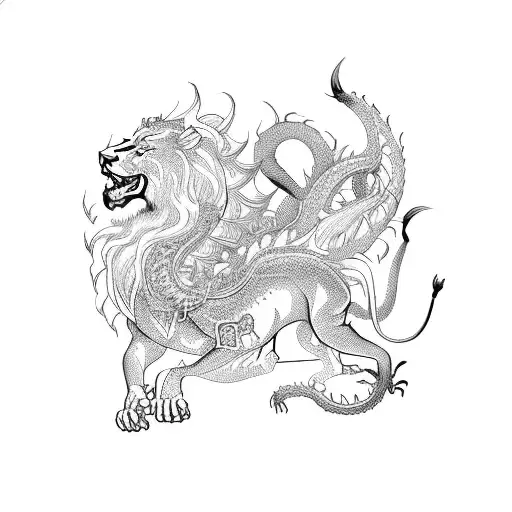 An Intricate Design Of A Lion And A Dragon Engaged In Combat
