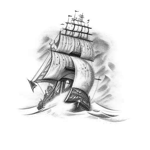 A Pirate Ship Sailing Through A Stormy Sea With Viking Symbols