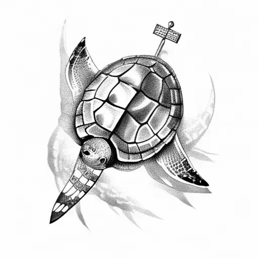 A Shellback Turtle With A Anchor Ingraved In Its Shell With A Swallow Either Side