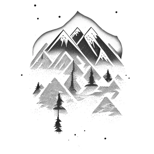 Mountain Range Silhouette With Snowboarding Tracks
