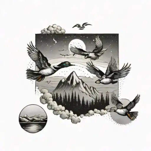 A Tattoo Design Of A Group Of Ducks Flying Over A Mountain Range