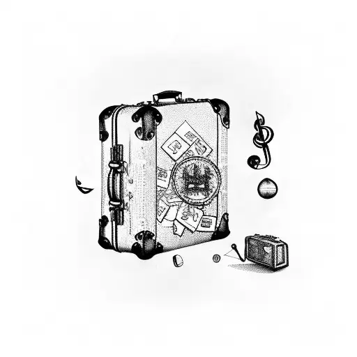 A Vintage Suitcase Covered In Travel Stamps And Musical Symbols
